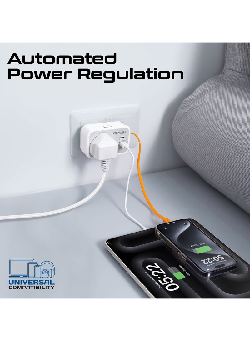 PROMATE - 6 in 1 Multi-Functional AC Socket Charger 3250 W with Built-in 20W Power Delivery USB-C Cable, 20W USB-C Port and 18W USB-A Port Supporting QC3.0 Fast Charging White - Image 1