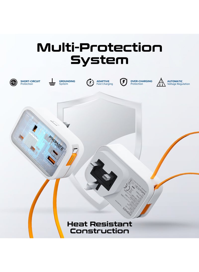PROMATE - 6 in 1 Multi-Functional AC Socket Charger 3250 W with Built-in 20W Power Delivery USB-C Cable, 20W USB-C Port and 18W USB-A Port Supporting QC3.0 Fast Charging White - Image 1