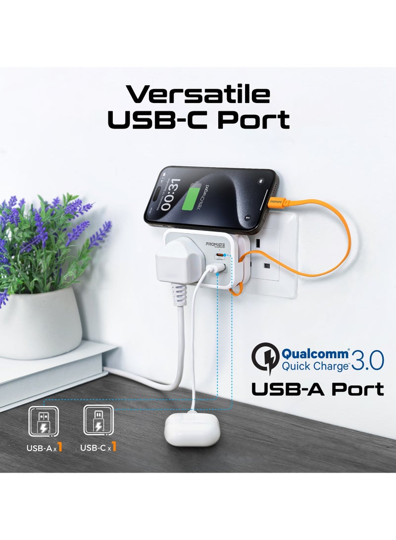 PROMATE - 6 in 1 Multi-Functional AC Socket Charger 3250 W with Built-in 20W Power Delivery USB-C Cable, 20W USB-C Port and 18W USB-A Port Supporting QC3.0 Fast Charging White - Image 1