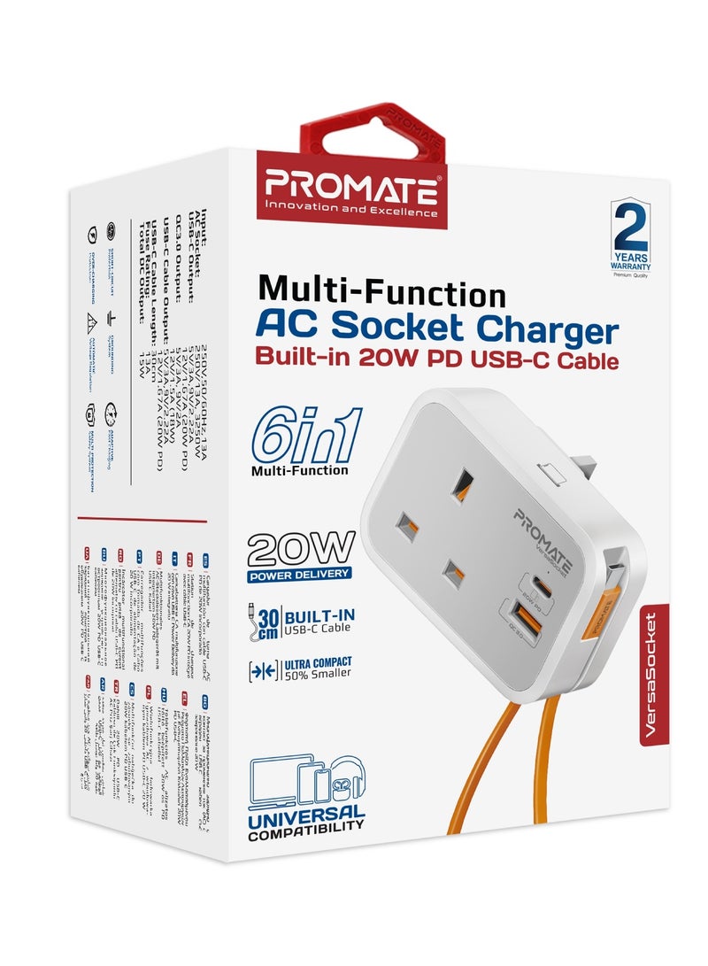 PROMATE - 6 in 1 Multi-Functional AC Socket Charger 3250 W with Built-in 20W Power Delivery USB-C Cable, 20W USB-C Port and 18W USB-A Port Supporting QC3.0 Fast Charging White - Image 1