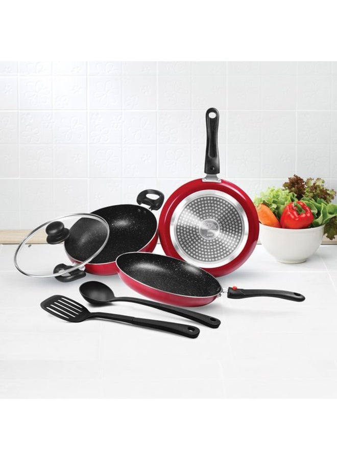 ميلتون طقم أواني الطهي من 6 قطع - مقلاة (24 سم/1.6 لتر)، قدر مع غطاء زجاجي (24 سم/2.5 لتر)، طاوة (25 سم)، ملعقة وسباتيولا نايلون، آمنة للاستخدام على اللهب والتحريض، قابلة للغسل في غسالة الصحون - جوهرة المطبخ - Image 2