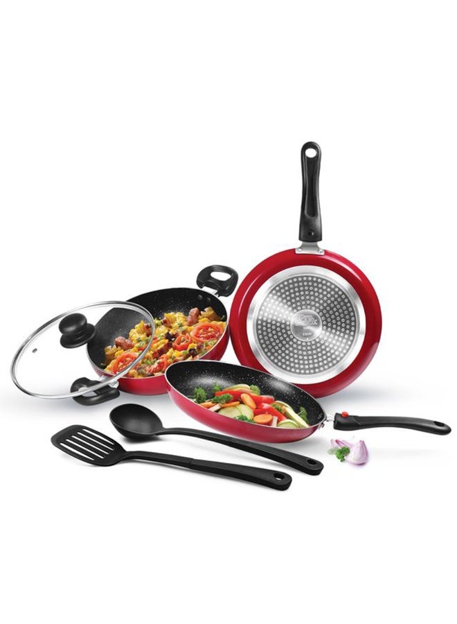 ميلتون طقم أواني الطهي من 6 قطع - مقلاة (24 سم/1.6 لتر)، قدر مع غطاء زجاجي (24 سم/2.5 لتر)، طاوة (25 سم)، ملعقة وسباتيولا نايلون، آمنة للاستخدام على اللهب والتحريض، قابلة للغسل في غسالة الصحون - جوهرة المطبخ - Image 1