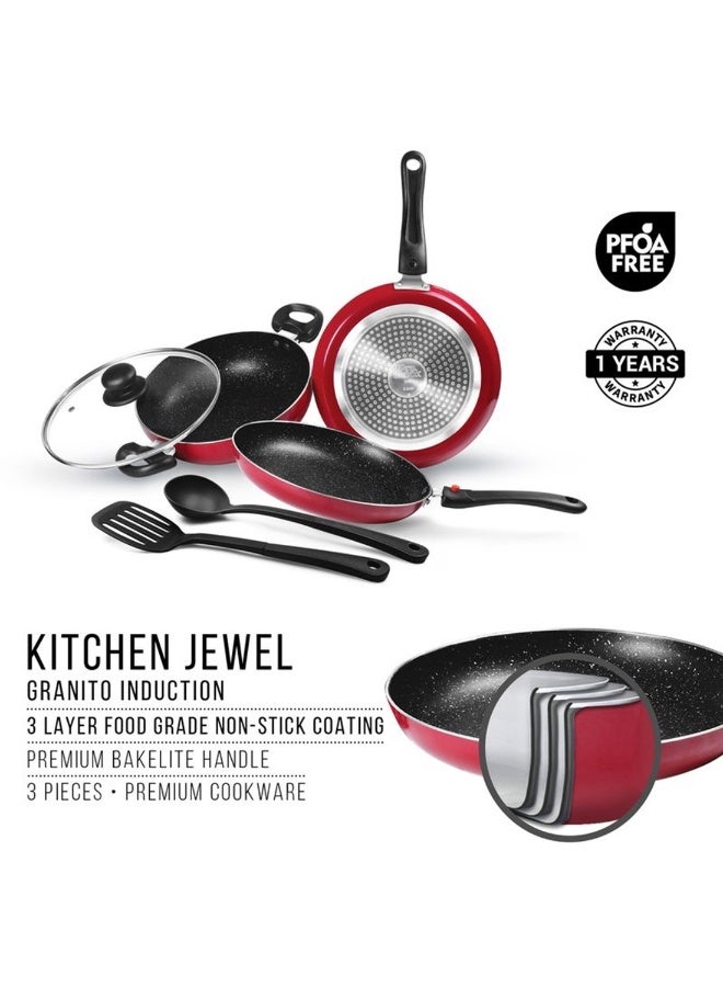 ميلتون طقم أواني الطهي من 6 قطع - مقلاة (24 سم/1.6 لتر)، قدر مع غطاء زجاجي (24 سم/2.5 لتر)، طاوة (25 سم)، ملعقة وسباتيولا نايلون، آمنة للاستخدام على اللهب والتحريض، قابلة للغسل في غسالة الصحون - جوهرة المطبخ - Image 5