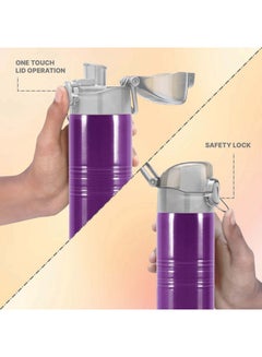 ميلتون 490ml Stainless Steel Water Bottle with One Touch Safety Lock, Single-Walled, BPA-Free, Leak-Proof, Rust-Free, Easy-Grip Fridge & Gym Bottle for Men, Kids, School & Travel - Vogue Purple  - Image 3