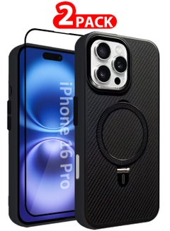 MARGOUN ( for iPhone 16 Pro ) 2 Pack, Case and Screen Protector, Carbon Fiber Texture, Metal Bracket, Magsafe Kickstand Case Cover Black  - Image 1
