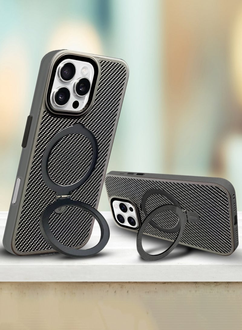 مارجون ( لجهاز آيفون 16 برو ) غلاف، نسيج ألياف الكربون، حامل معدني، غلاف واقي مع قاعدة ماغسيف - Image 5