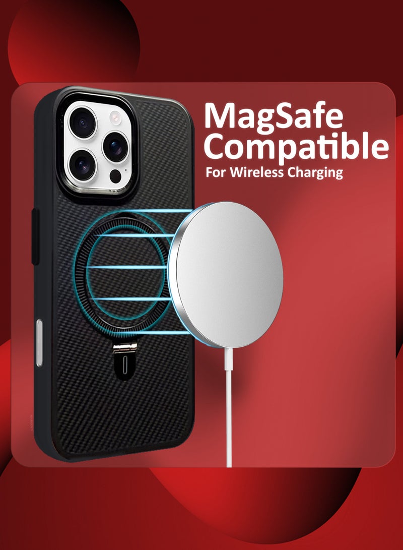مارجون ( for iPhone 16 Pro Max ) Case, Carbon Fiber Texture, Metal Bracket, Magsafe Kickstand Case Cover Black - Image 4