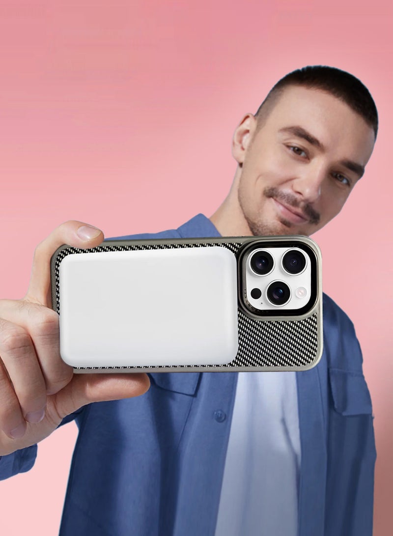 مارجون ( for iPhone 16 Pro Max ) Case, Carbon Fiber Texture, Metal Bracket, Magsafe Kickstand Case Cover Grey - Image 5