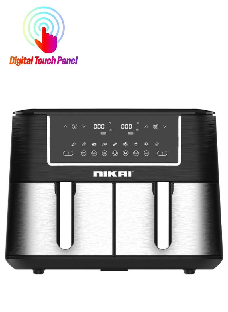 NIKAI - Nikai 8.4 Liter Digital Air Fryer, Double Removable Pans, With Separate Cooking Controls, 60 mins. Timer, Auto-Off on Pan Removable, 2570-3040 Watts, 8.4L(4.2*2) NAF182DX 8.4 L 3040 W NAF182DX Black - Image 1