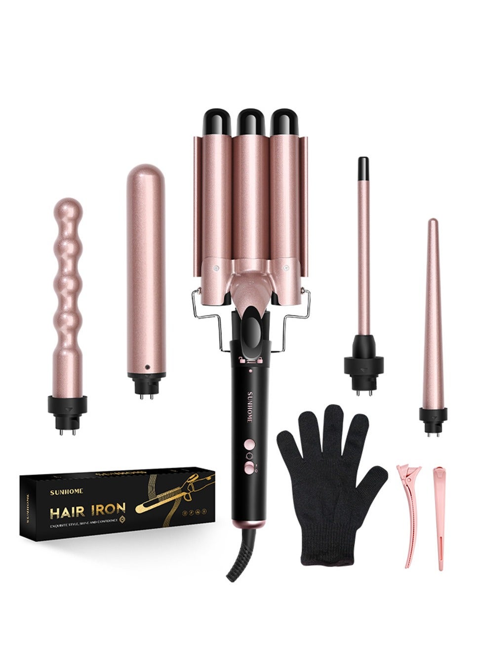 Sunhome 5-IN-1 Hair Curler Iron, Professional Curling Wand Set, Instant Heat Up Hair Curler with 5 Interchangeable Ceramic Barrels (9-32mm),Hair Curler with Fast Heating Up,With LED Temperature Adjustment and Heat Up, Hair Curler Include Heat Resistant Glove Gold 