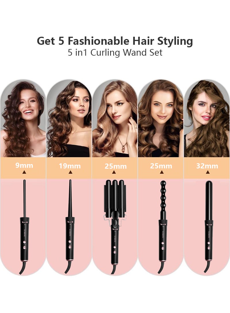 5-IN-1 Hair Curler Iron, Professional Curling Wand Set, Instant Heat Up Hair Curler with 5 Interchangeable Ceramic Barrels (9-32mm),Hair Curler with Fast Heating Up,With LED Temperature Adjustment and Heat Up, Hair Curler Include Heat Resistant Glove Black - pnsku/N70122713V/45/_/1729658782/21edfdbb-81ee-469e-90b2-3e4a606eedbf