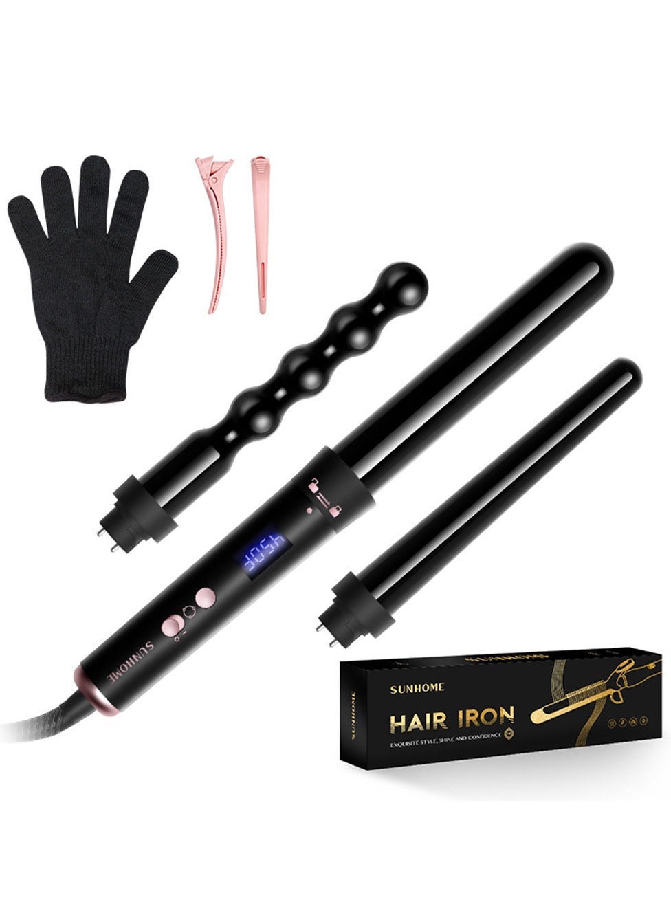 Sunhome Curling Wand Set, 3 in 1 Hair Curler with 3 Interchangeable Curling Wand Ceramic Barrel(15-32mm), with LED Temperature Adjustment and Heat Up, Hair Curler Include Heat Resistant Glove Black-1 