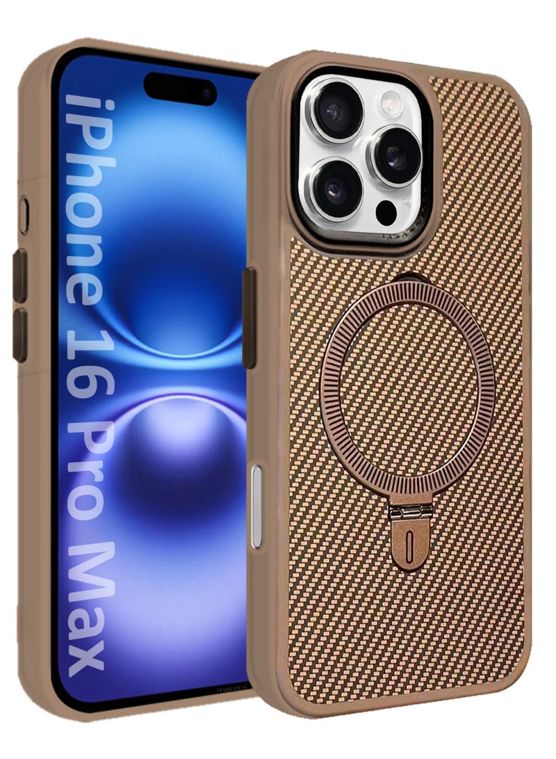 MARGOUN ( for iPhone 16 Pro Max ) Case, Carbon Fiber Texture, Metal Bracket, Magsafe Kickstand Case Cover Beige - Image 1