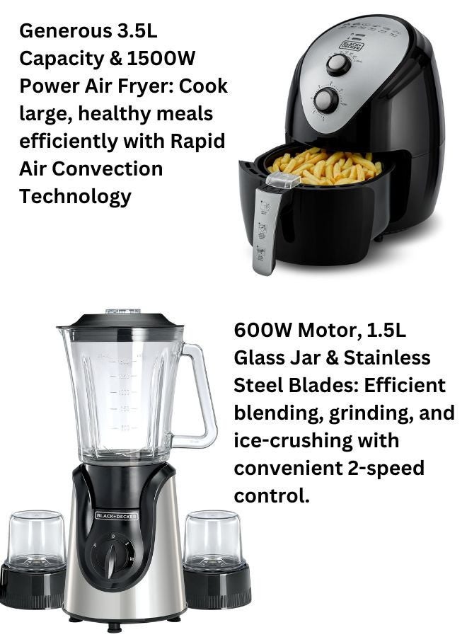 بلاك اند ديكر Black+Decker 3.5L Air Fryer with Manual Control & 1500W Power + 1.5L Blender with 600W Motor & 2 Grinder Mills - Efficient Cooking & Blending Combo 5 L 1500 W AF150-B5+BGG600-B9 Black - Image 2