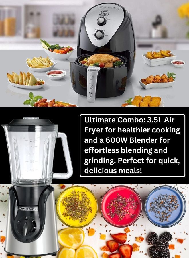 بلاك اند ديكر Black+Decker 3.5L Air Fryer with Manual Control & 1500W Power + 1.5L Blender with 600W Motor & 2 Grinder Mills - Efficient Cooking & Blending Combo 5 L 1500 W AF150-B5+BGG600-B9 Black - Image 3