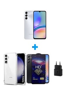 Galaxy A05s Silver 128 GB 4G lte With Case Soft TPU Silicone Bumper Corner Full Camera Protection Cover Clear And HD Plus Super Glass Screen Protector Black And Samsung USB-C Wall Charger 25 Watt Black