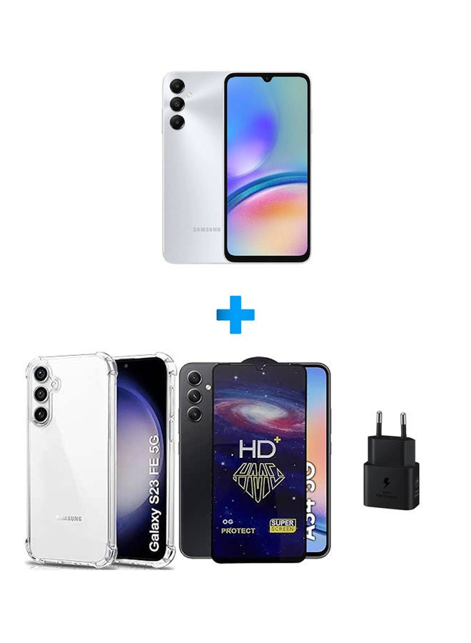 Samsung - Galaxy A05s Silver 128 GB 4G lte With Case Soft TPU Silicone Bumper Corner Full Camera Protection Cover Clear And HD Plus Super Glass Screen Protector Black And Samsung USB-C Wall Charger 25 Watt Black - Image 1