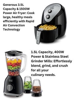 بلاك اند ديكر 3.5L Air Fryer with Manual Control & 1500W Power + 1.5L Blender with 400W Motor & 2 Grinder Mills - Efficient Cooking & Blending Combo 5 L 1500 W AF150-B5+BX365-B5 Black  - Image 2