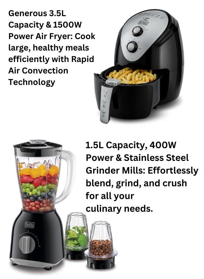 بلاك اند ديكر 3.5L Air Fryer with Manual Control & 1500W Power + 1.5L Blender with 400W Motor & 2 Grinder Mills - Efficient Cooking & Blending Combo 5 L 1500 W AF150-B5+BX365-B5 Black - Image 2