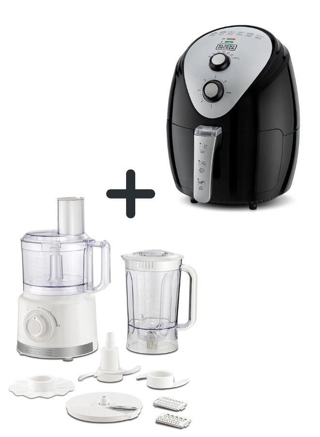 BLACK+DECKER 3.5L Air Fryer with Manual Control & 1500W Power + 750W Multifunction Food Processor with 2L Capacity & Stainless-Steel Blades - Ultimate Cooking & Food Prep Combo 5 L 1500 W AF150-B5+FX760-B5 Black/White  - Image 1