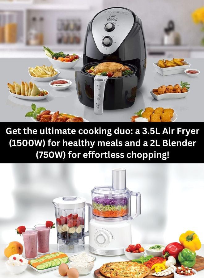 BLACK+DECKER 3.5L Air Fryer with Manual Control & 1500W Power + 750W Multifunction Food Processor with 2L Capacity & Stainless-Steel Blades - Ultimate Cooking & Food Prep Combo 5 L 1500 W AF150-B5+FX760-B5 Black/White  - Image 3
