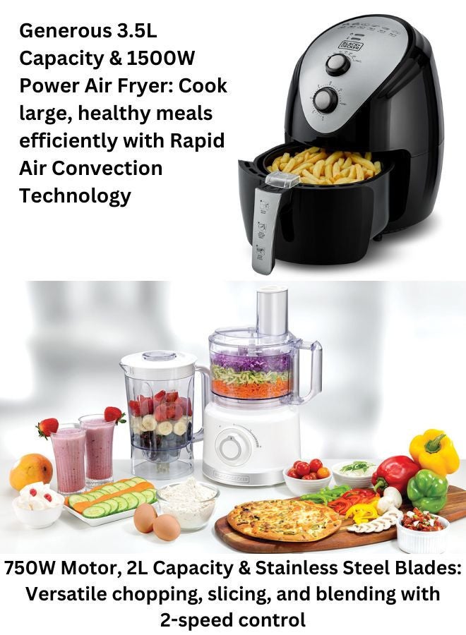 BLACK+DECKER 3.5L Air Fryer with Manual Control & 1500W Power + 750W Multifunction Food Processor with 2L Capacity & Stainless-Steel Blades - Ultimate Cooking & Food Prep Combo 5 L 1500 W AF150-B5+FX760-B5 Black/White  - Image 2