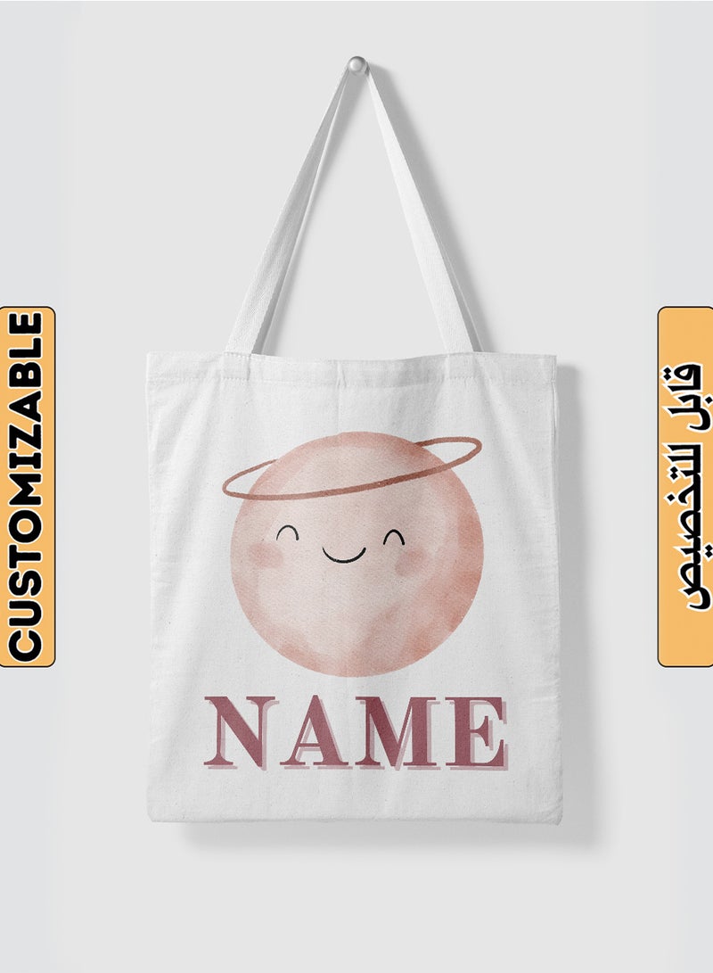 LOWHA Customizable Polyester Tote Bag with Shoulder Straps Personalized with Your Name and Smiley Face Design White - Image 1