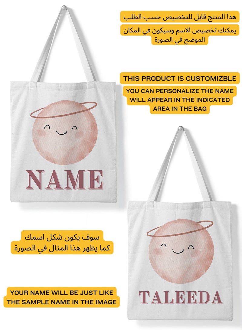 LOWHA Customizable Polyester Tote Bag with Shoulder Straps Personalized with Your Name and Smiley Face Design White - Image 2