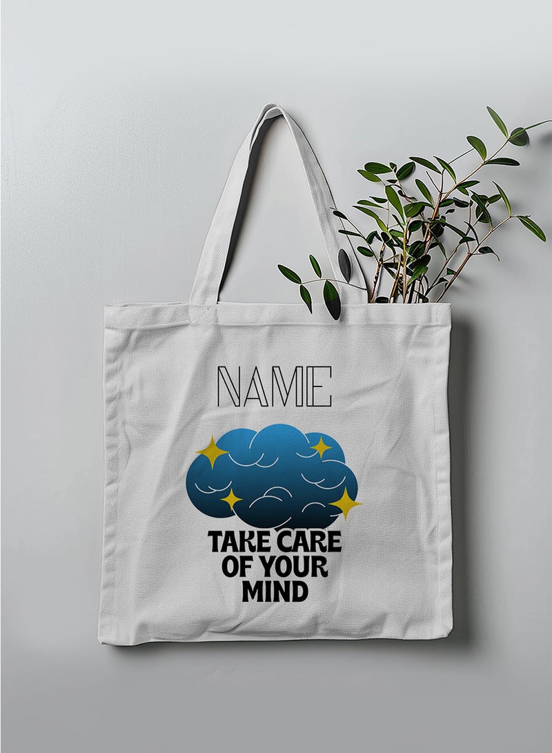 LOWHA Customizable Polyester Tote Bag with Shoulder Straps Personalized with Your Name and Take Care of Your Mind Quote White - Image 3
