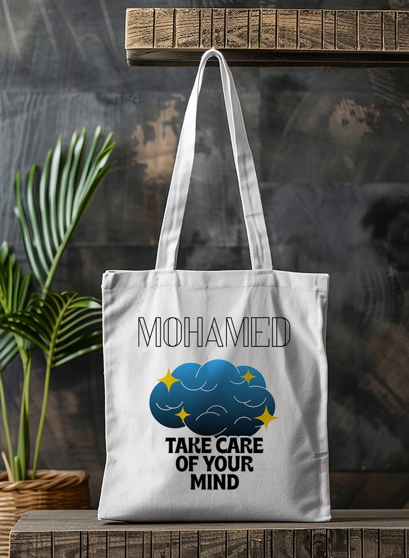 LOWHA Customizable Polyester Tote Bag with Shoulder Straps Personalized with Your Name and Take Care of Your Mind Quote White - Image 4