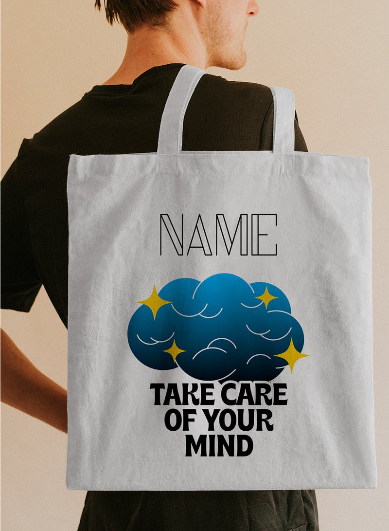 LOWHA Customizable Polyester Tote Bag with Shoulder Straps Personalized with Your Name and Take Care of Your Mind Quote White - Image 5