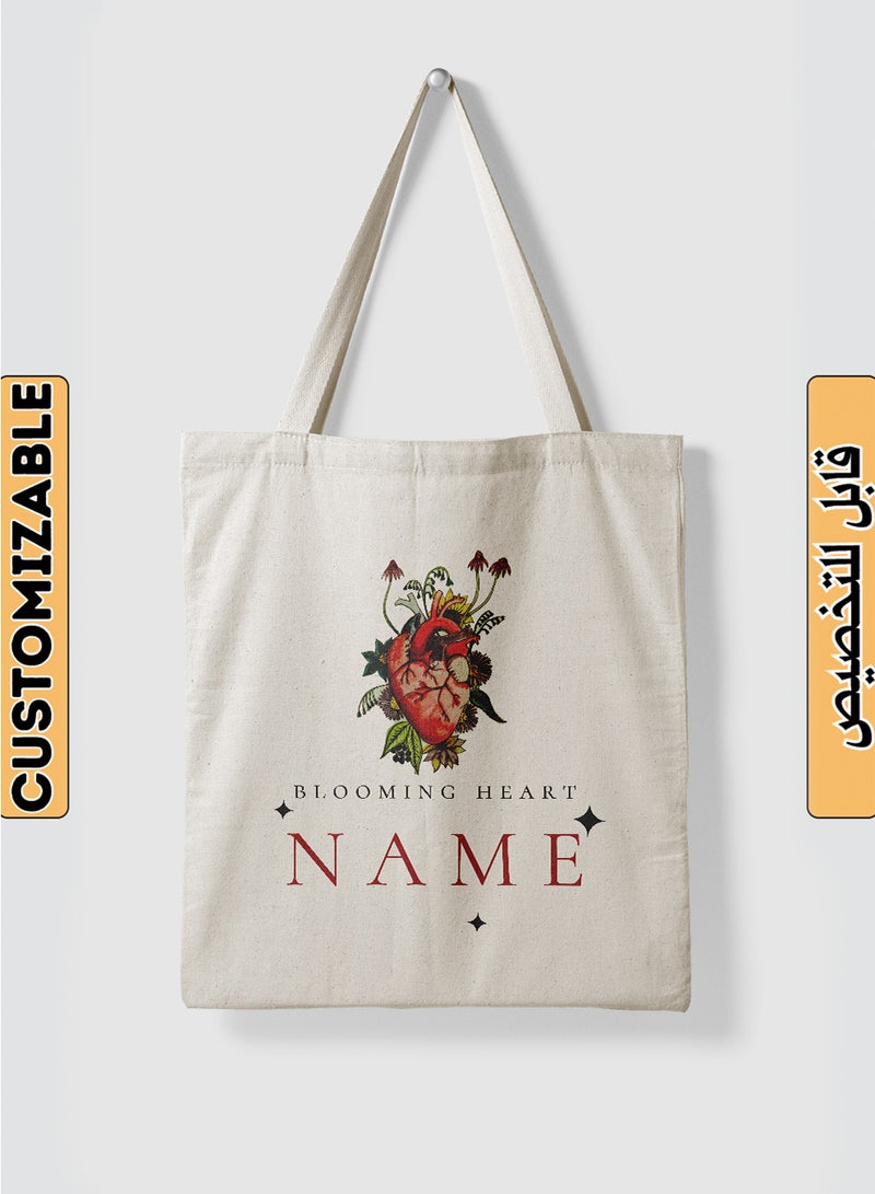 LOWHA Customizable Polyester Tote Bag with Shoulder Straps Personalized with Your Name and Blooming Heart Design Beige  - Image 1