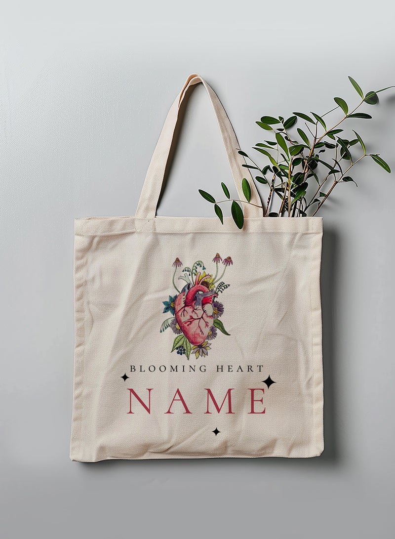 LOWHA Customizable Polyester Tote Bag with Shoulder Straps Personalized with Your Name and Blooming Heart Design Beige  - Image 3