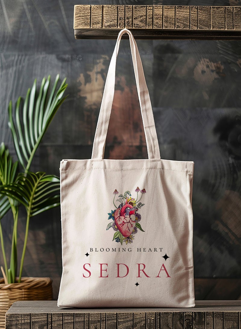 LOWHA Customizable Polyester Tote Bag with Shoulder Straps Personalized with Your Name and Blooming Heart Design Beige  - Image 4