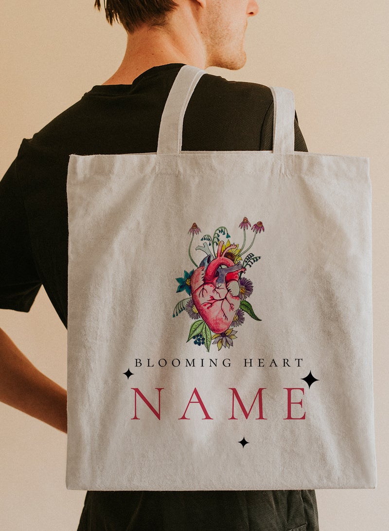 LOWHA Customizable Polyester Tote Bag with Shoulder Straps Personalized with Your Name and Blooming Heart Design Beige  - Image 5