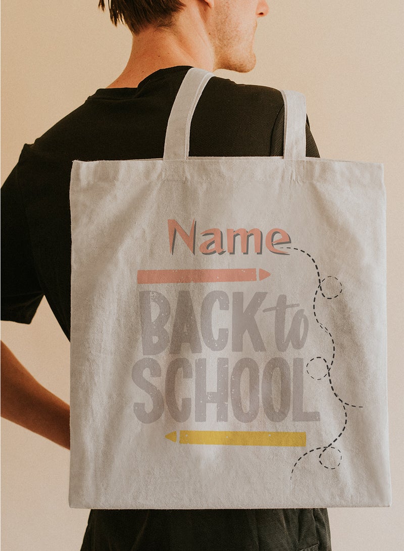 LOWHA Customizable Polyester Tote Bag with Shoulder Straps Personalized with Student's Name and Back To School Design Beige  - Image 5