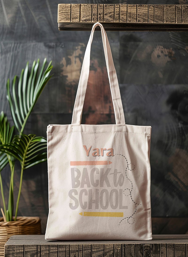 LOWHA Customizable Polyester Tote Bag with Shoulder Straps Personalized with Student's Name and Back To School Design Beige  - Image 4