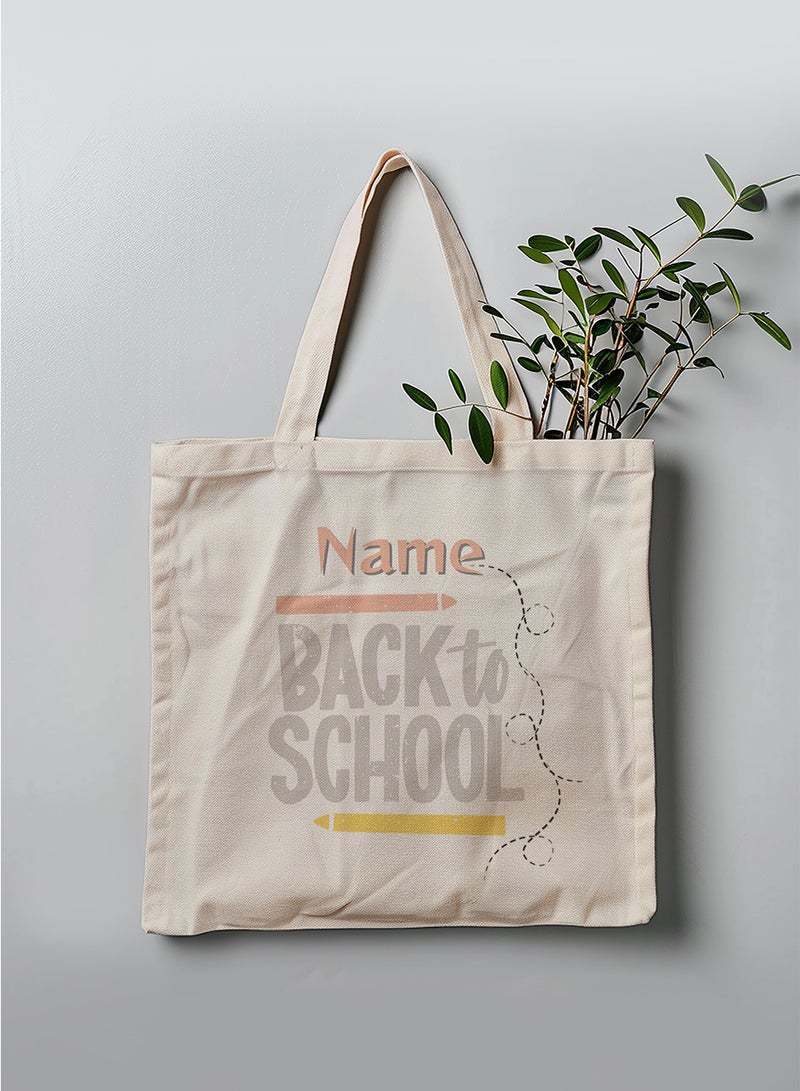 LOWHA Customizable Polyester Tote Bag with Shoulder Straps Personalized with Student's Name and Back To School Design Beige  - Image 3