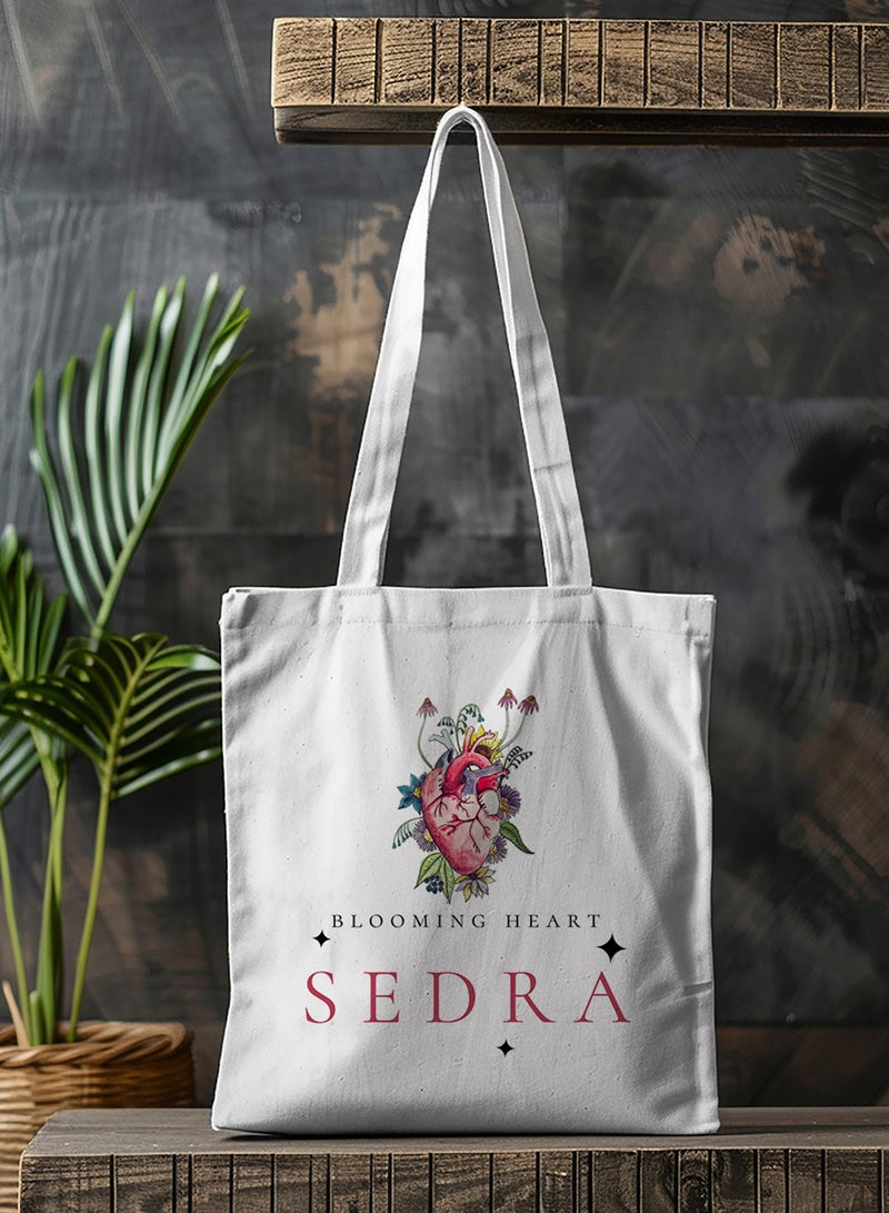 LOWHA Customizable Polyester Tote Bag with Shoulder Straps Personalized with Your Name and Blooming Heart Design White  - Image 4