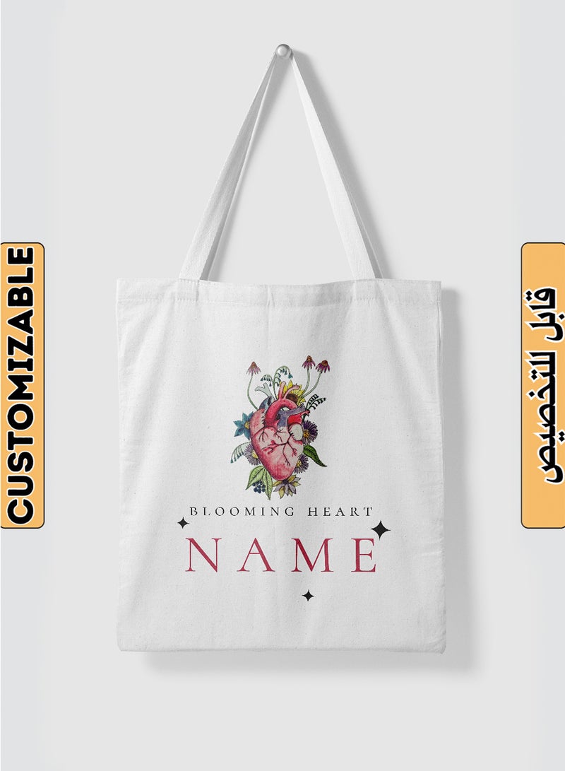 LOWHA Customizable Polyester Tote Bag with Shoulder Straps Personalized with Your Name and Blooming Heart Design White  - Image 1