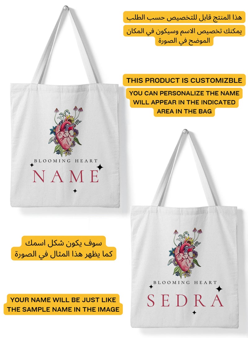 LOWHA Customizable Polyester Tote Bag with Shoulder Straps Personalized with Your Name and Blooming Heart Design White  - Image 2
