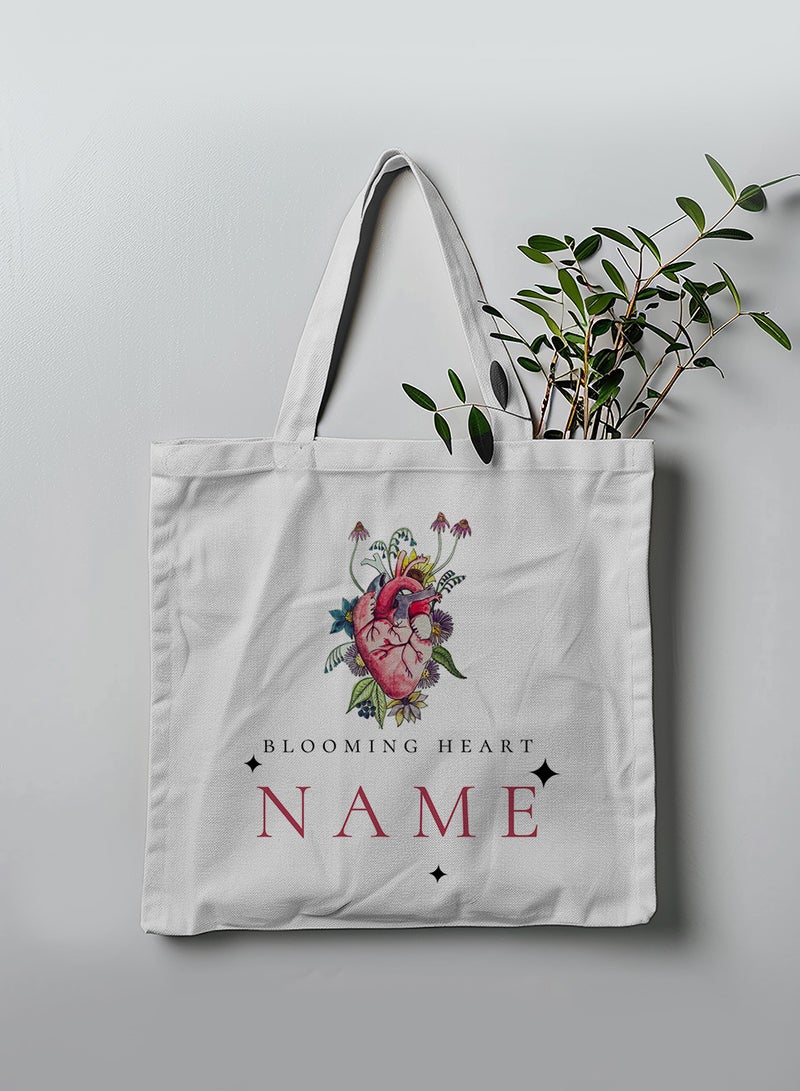 LOWHA Customizable Polyester Tote Bag with Shoulder Straps Personalized with Your Name and Blooming Heart Design White  - Image 3