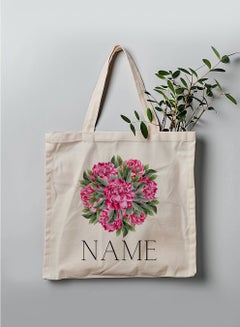 LOWHA Customizable Polyester Tote Bag with Shoulder Straps Personalized with Your Name and Flowers Bouquet Design Beige  - Image 3