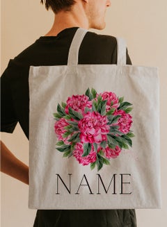 LOWHA Customizable Polyester Tote Bag with Shoulder Straps Personalized with Your Name and Flowers Bouquet Design Beige  - Image 5