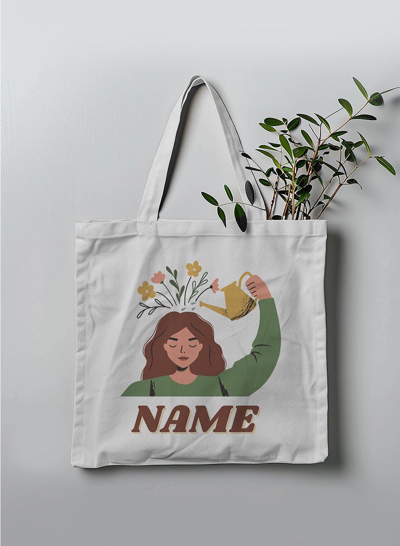 LOWHA Customizable Polyester Tote Bag with Shoulder Straps Personalized with Your Name and Flourishing Mind Girl Design White  - Image 3