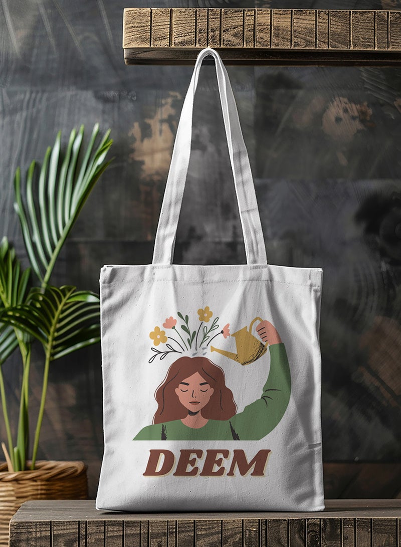LOWHA Customizable Polyester Tote Bag with Shoulder Straps Personalized with Your Name and Flourishing Mind Girl Design White  - Image 4