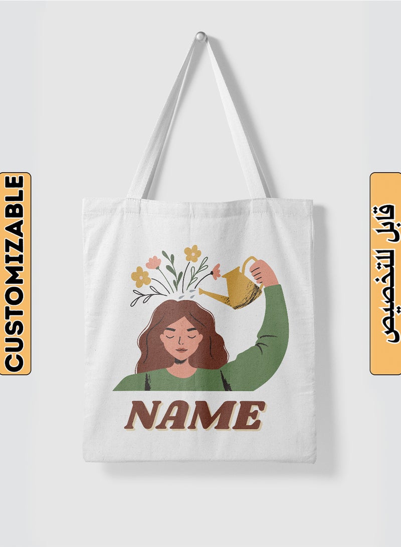 LOWHA Customizable Polyester Tote Bag with Shoulder Straps Personalized with Your Name and Flourishing Mind Girl Design White  - Image 1