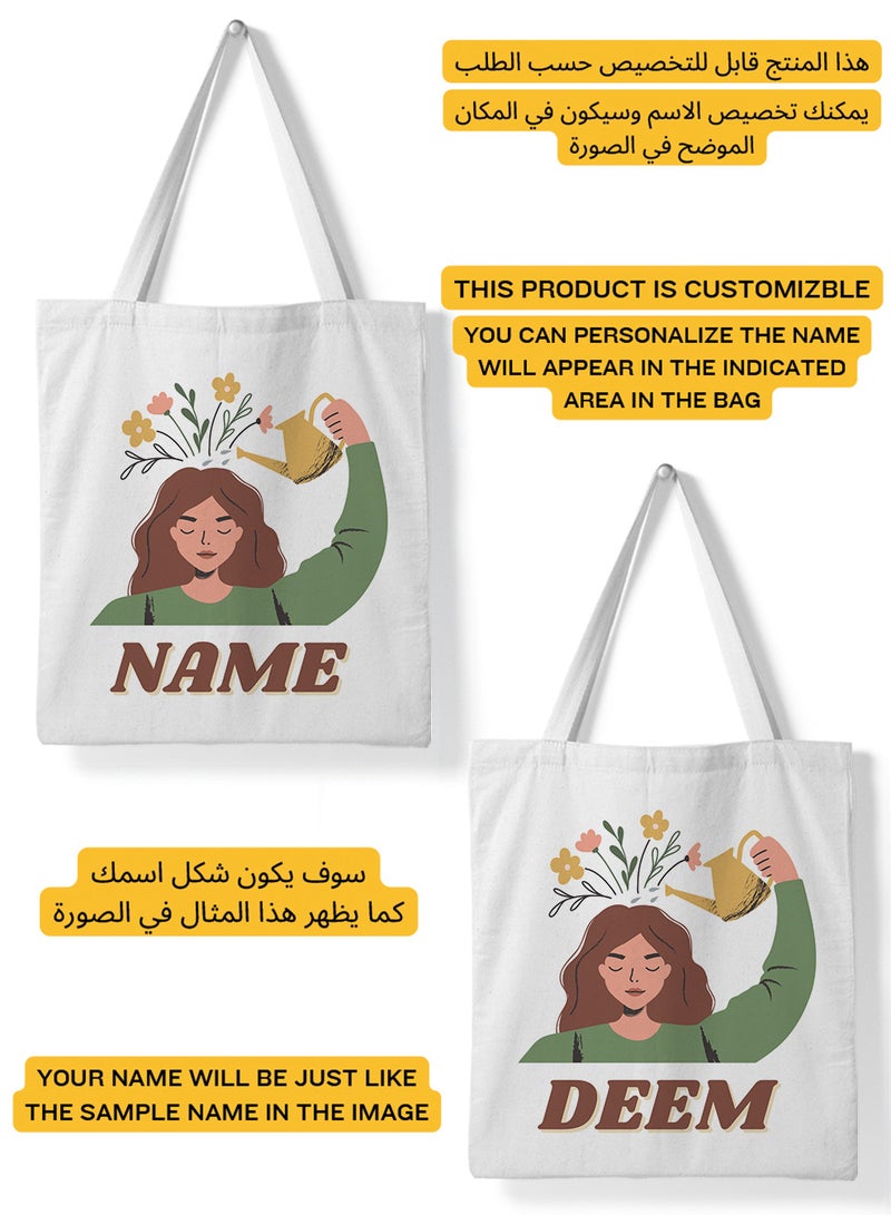 LOWHA Customizable Polyester Tote Bag with Shoulder Straps Personalized with Your Name and Flourishing Mind Girl Design White  - Image 2