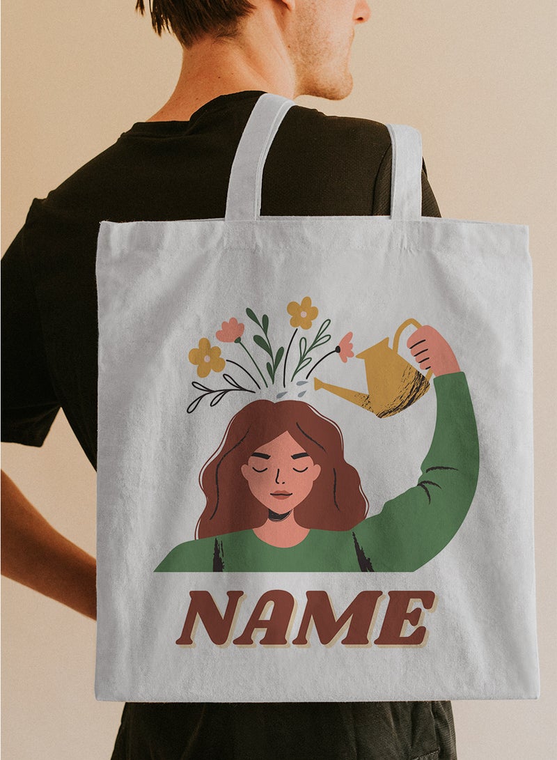 LOWHA Customizable Polyester Tote Bag with Shoulder Straps Personalized with Your Name and Flourishing Mind Girl Design White  - Image 5