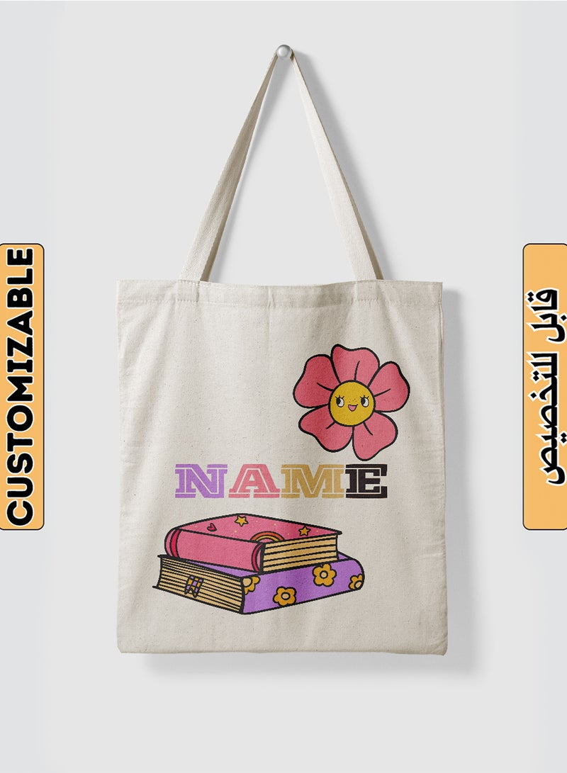 LOWHA Customizable Polyester Tote Bag with Shoulder Straps Personalized with School Student's Name and Books with a Flower Design Beige  - Image 1